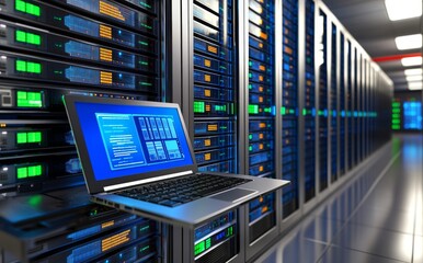 Fototapeta premium 3D rendering of a server room in a datacenter with data servers. LED lights flashing.
