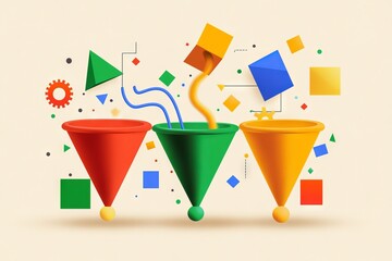 Big data and data science concept. Data flow through filter with gear that analyzes and categorizes it according to specific database types.