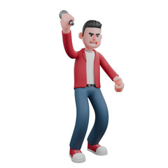 Illustrated Singer in 3D. A male singer is standing while holding a mic and wants to throw the mic. Cartoon Performer