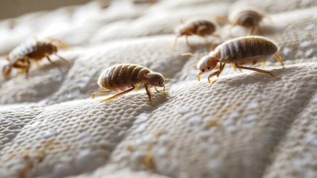 A bed bug infestation is shown on a white surface