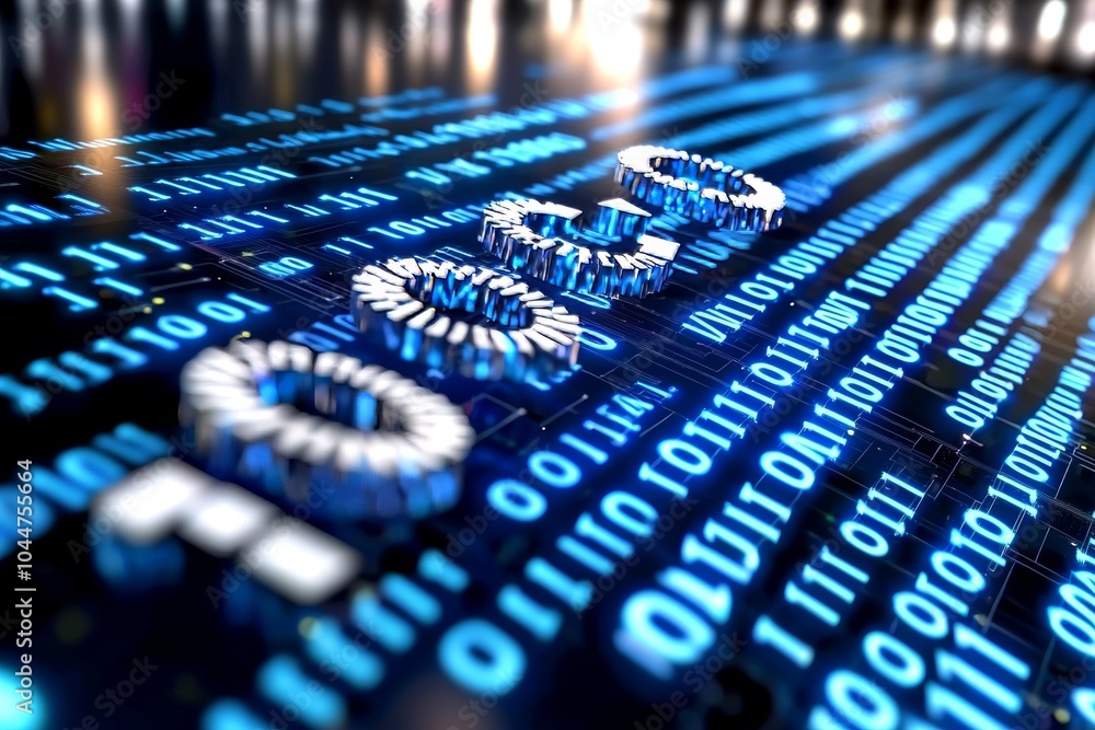 Aufkleber a blue binary background. a multi-exposure photo of a led screen displaying information codes. the t