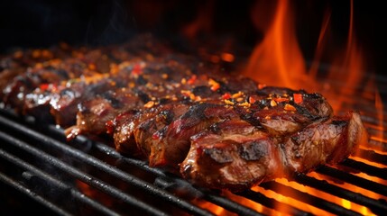 Close-up of Juicy Grilled Meat on a Hot BBQ Grill