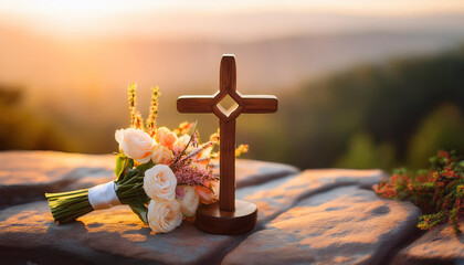 Una cruz de madera junto a una vela encendida y un ramo de flores sobre una losa de piedra