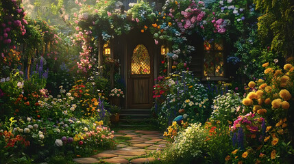 Fototapeta premium A charming cottage garden overflowing with a variety of blooming flowers, showcasing a quaint and inviting atmosphere.