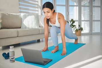 Laptop, lunge and fitness with woman in living room for health, balance and online workout. Wellness exercise, strong and virtual class with person and home gym for streaming, body and training