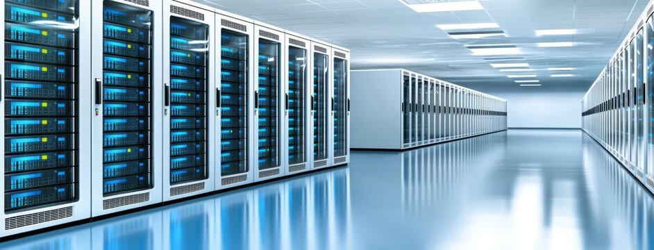 Data center servers. Backup, hosting, mainframes, farms, and computer racks with storage information. 3D rendering.