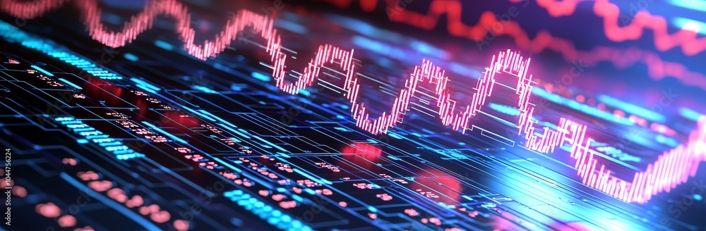 Poster quantum computer technology concept with stock data visualization. science & technology presentation