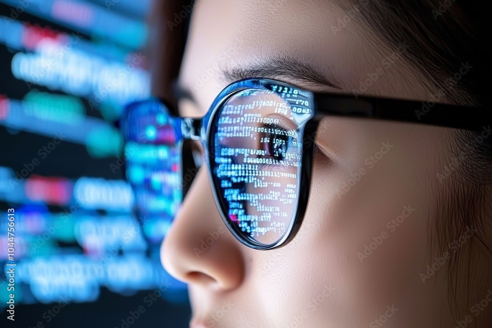 Poster the young nerdy computer programmer stares at data, software, or network interfaces. her two eyes ar