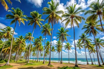 Fototapeta premium Tropical island with wide-angle view of palm trees from water in Puerto Rico