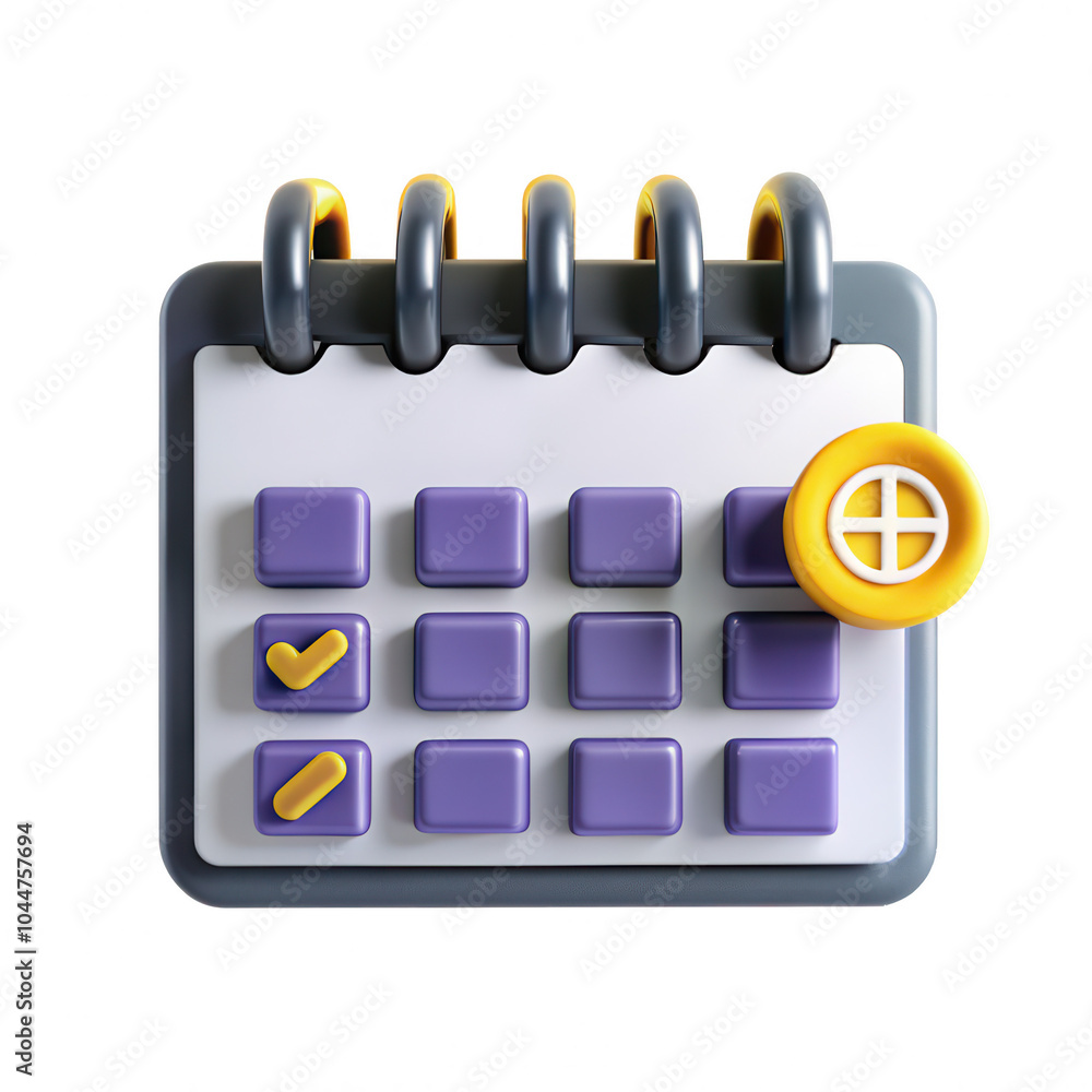 Poster a colorful 3d representation of a calendar with purple squares and a prominent yellow button, suitab