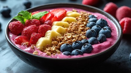 Colorful smoothie bowl topped with fruits and granola.