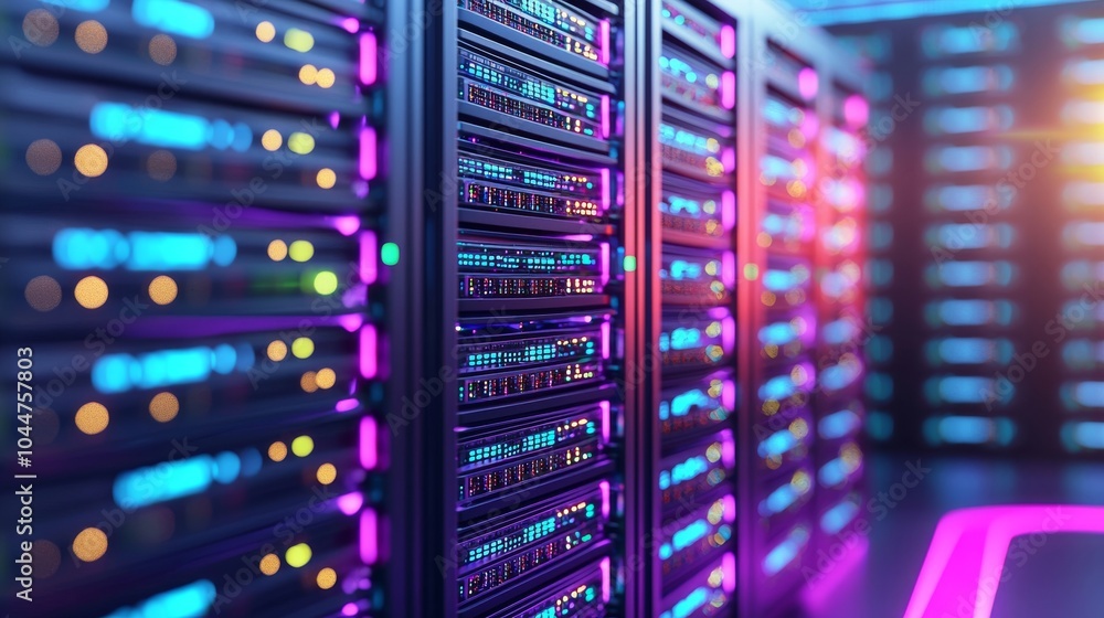 Poster modern data technology center server racks in a dark facility. concept of internet of things, big da