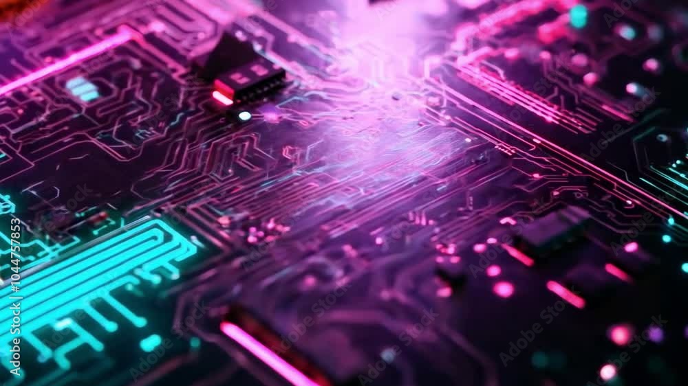 Poster abstract close-up of a vibrant circuit board showcasing lines and glowing elements in electric purpl