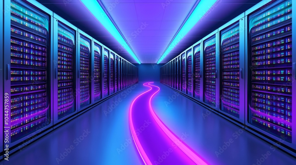 Poster a rendering of cryptocurrency miners in a modern data center with internet of things, data protectio