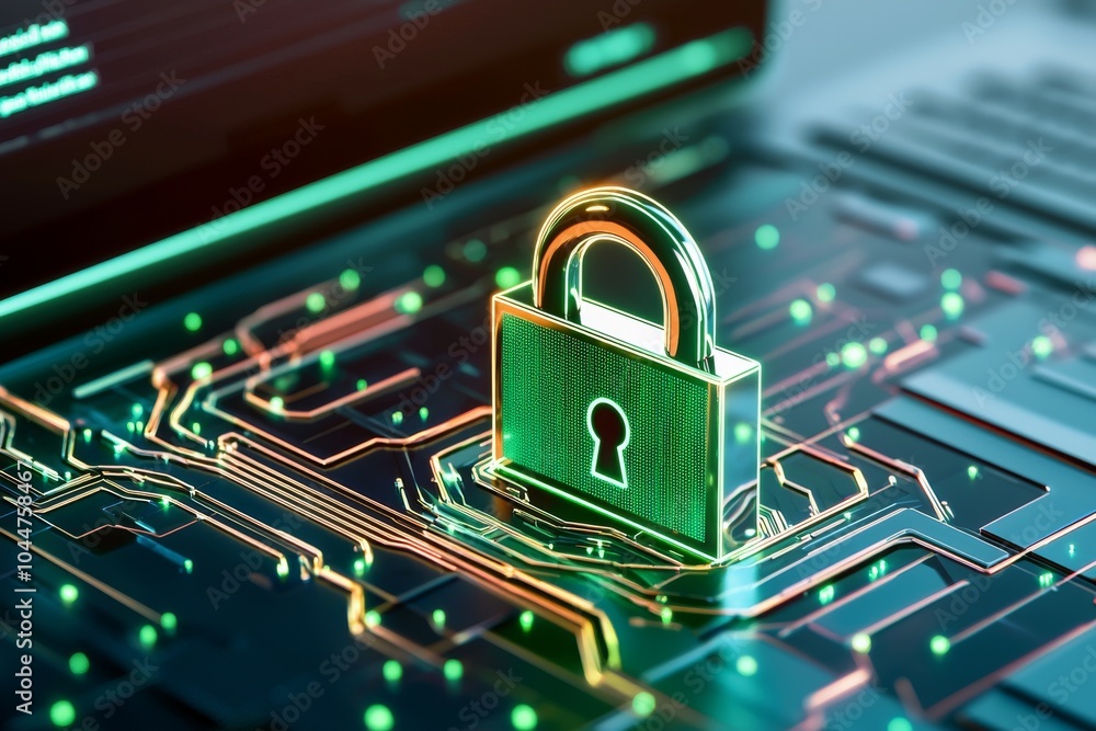 Poster with a digital padlock icon on a virtual interface screen, you can enhance cybersecurity and protect