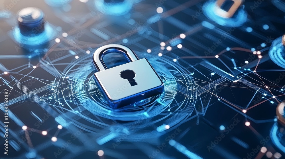 Poster in a complex interface of cyber security network lines and glowing dots, a padlock icon symbolizes d
