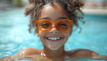 Naklejka premium Joyful girl wearing orange sunglasses, laughing by a swimming pool on a sunny day