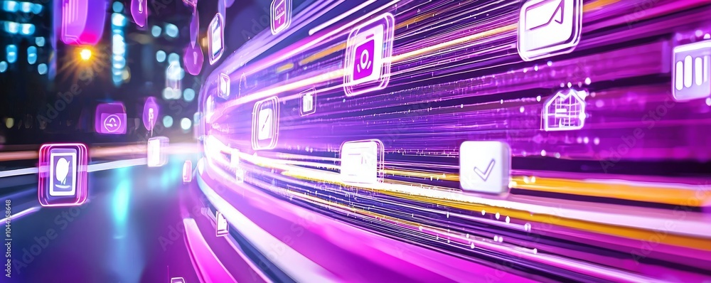 Poster light streaks and glowing screens create an abstract digital data wall