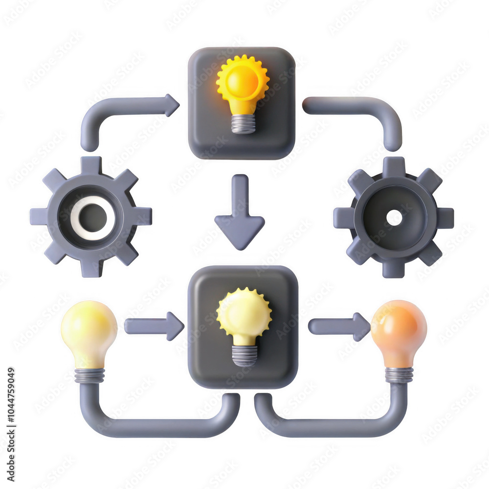 Poster This image features a colorful flow diagram composed of gears and light bulbs, symbolizing engineering concepts and mechanisms in a 3D style.