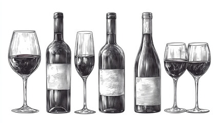Vintage Engraved Sketch of Wine Bottle with Glass Vector Illustration