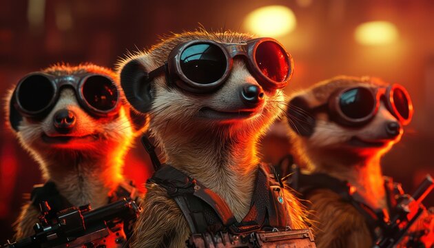Covert meerkats equipped in spy gear on a secretive nighttime mission.