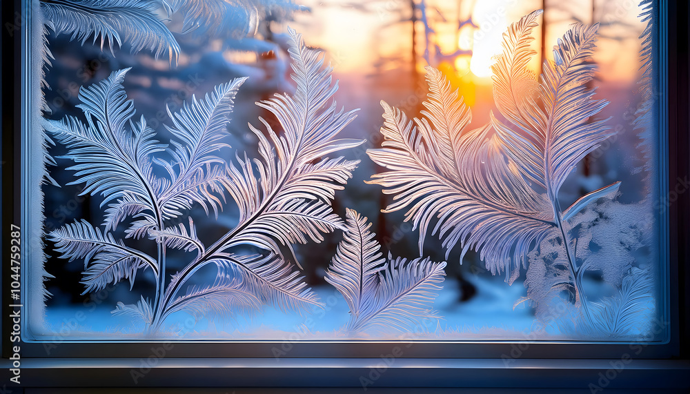 Poster frosted fern patterns on winter window showcasing a beautiful sunrise scene