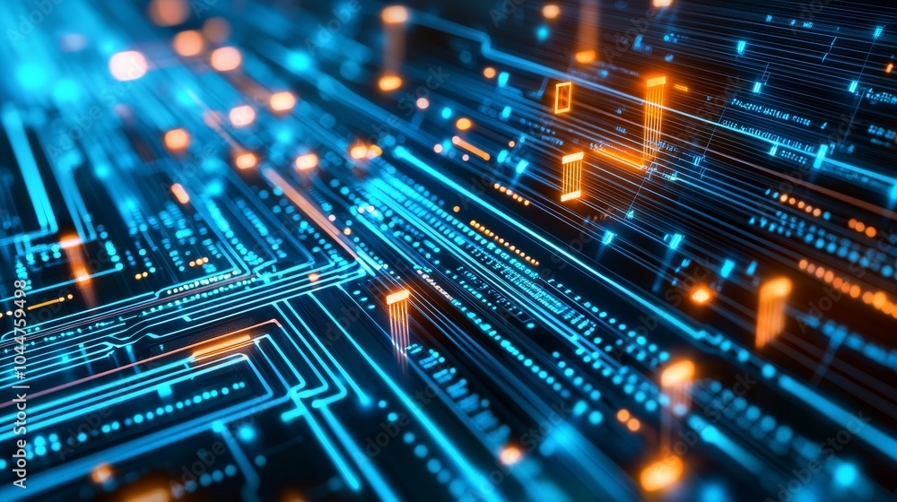 Poster an abstract circuit board design for digital processing and transmission of data in a futuristic tec