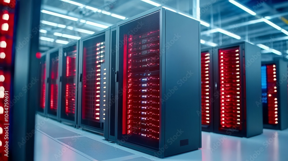 Poster a detailed shot of a data center with modular server racks and cloud storage devices