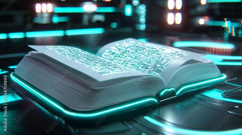 Aufkleber digital data streams turn pages into an open book, incorporating technology into educational tools.