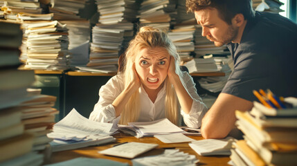 Young male boss angrily confronts subordinate in chaotic office filled with papers and archive files during a tense work moment