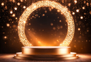 Gold Podium With Glitter Frame And Lights.