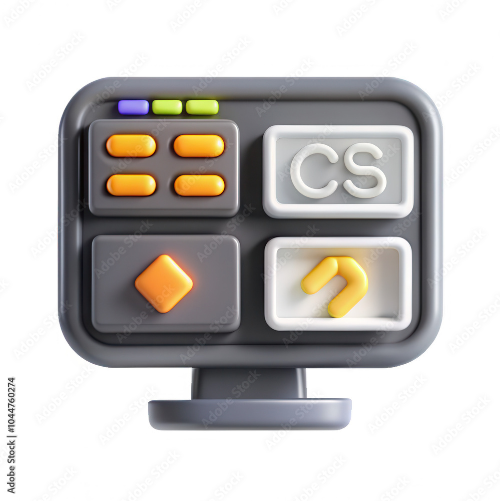 Poster A stylized computer screen icon featuring colorful buttons and a display, representing multimedia or programming elements in a modern design.