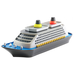A colorful cruise ship model with a blue hull and detailed decks, showcasing designed features like yellow and black funnels, surrounded by water.