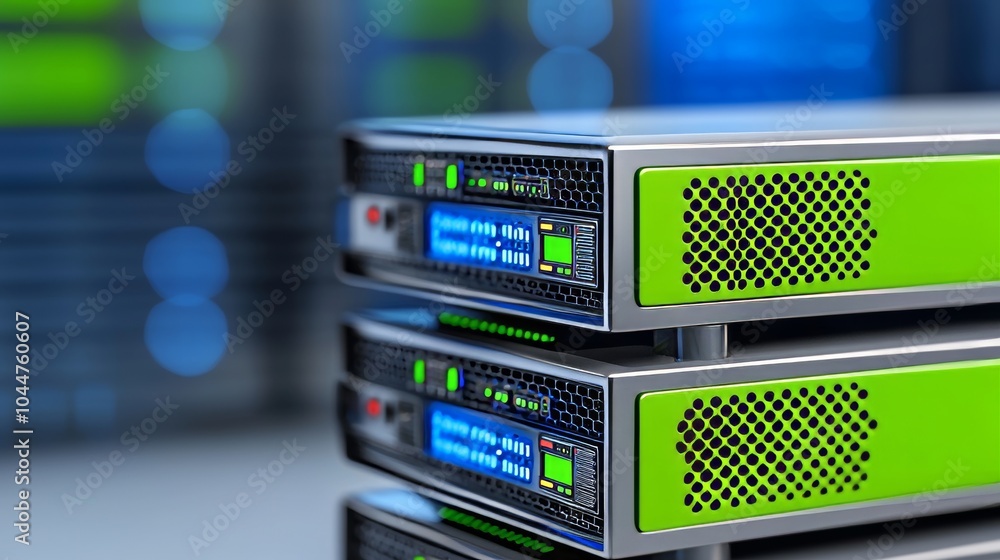 Poster close-up of illuminated server racks in a modern data center.