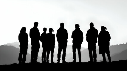 Seven silhouettes of people are standing on a mountaintop, looking out at a misty valley. The background is a white and gray sky with mountains in the distance.