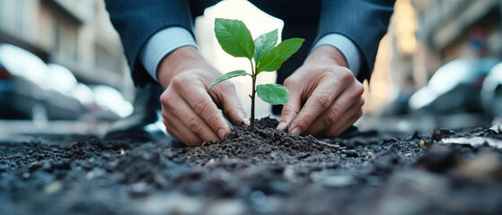 Businessman plants a young tree in the city to promote sustainable development and ecological awareness during a bright afternoon
