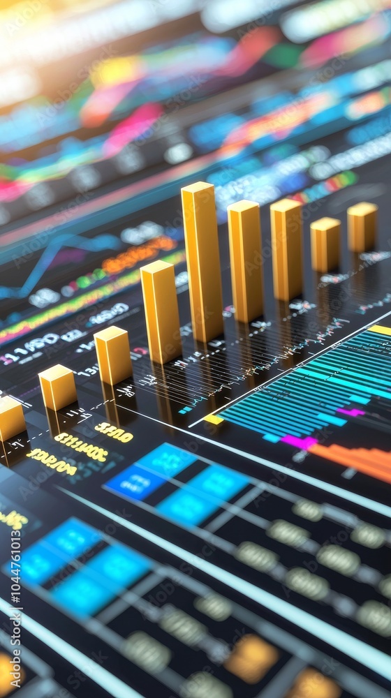 Poster digital interface concept with abstract blue background, 3d graphs, data visualisation, global busin