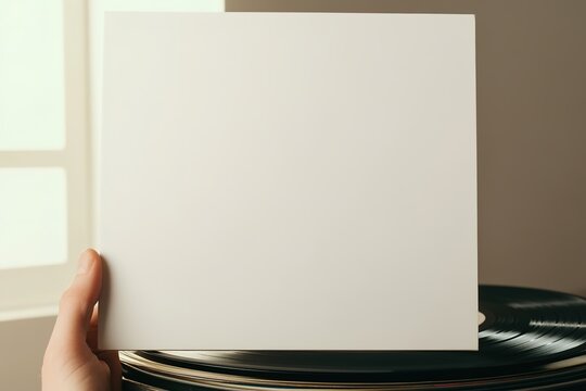 Hand holding blank white album cover near vinyl records