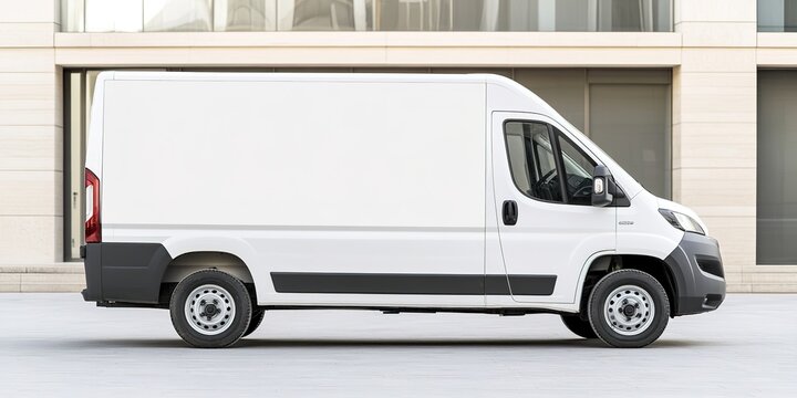 Side view of white blank cargo van in urban setting