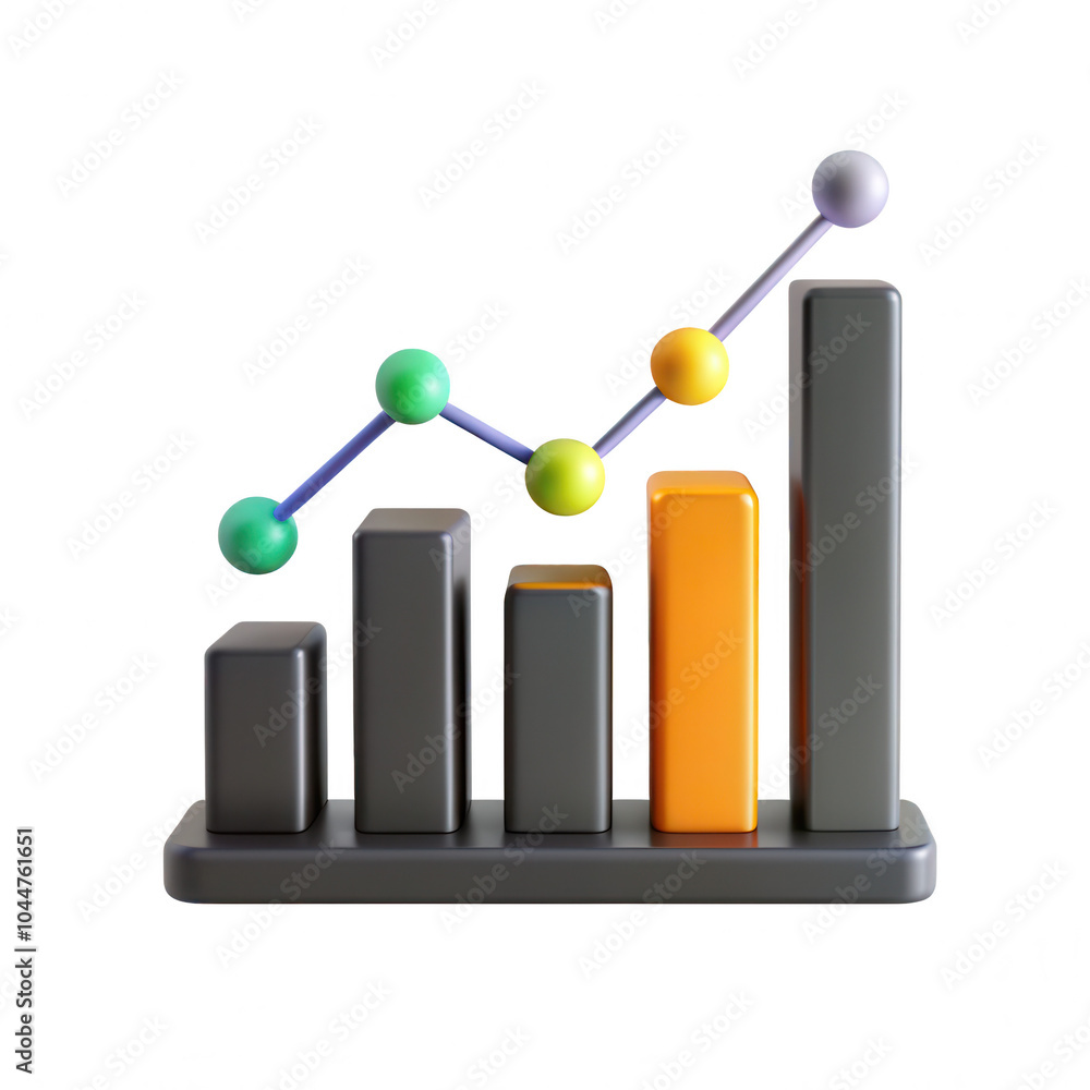 Poster a 3d rendered bar chart with various colored bars and ascending trend line, representing data visual