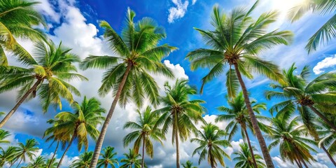 Obraz premium Tropical palm trees with blue sky and white clouds background photographed at tilted angle