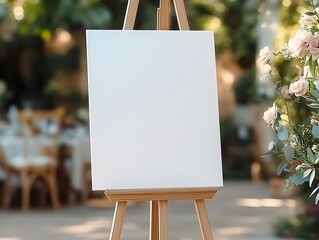 Blank Canvas at Wedding Reception:  Elegant wooden easel displays a pristine white canvas, set against a softly blurred backdrop of a romantic outdoor wedding reception. Perfect for announcements.