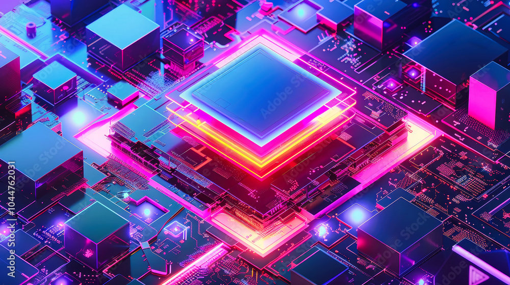 Poster futuristic cityscape with glowing computer chip and holographic data display in a vibrant abstract t