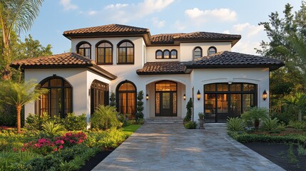 Fototapeta premium Elegant modern home with lush landscaping and inviting entrance.