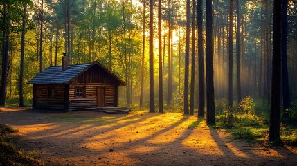 Fototapeta premium Tranquil log cabin in a sunlit forest at dawn.