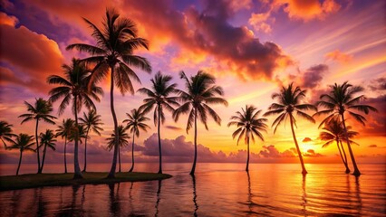 Obraz premium Tropical paradise with palm trees silhouetted against a stunning orange and pink ocean sunset