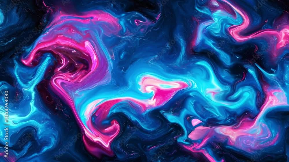 Poster colorful abstract swirl with pink and blue tones against a dark background, creating a vibrant and d