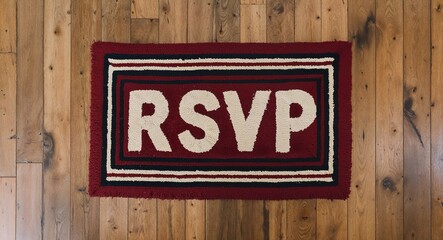 please rsvp text on mat rug in wooden floor background
