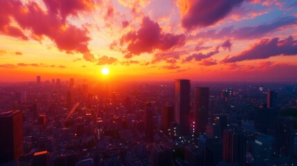 Vibrant Sunset Over a City Skyline with Colorful Clouds