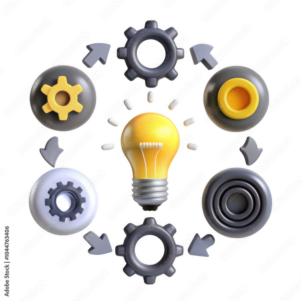 Poster a vibrant 3d rendering showcasing various icons representing ideas and mechanisms around a light bul